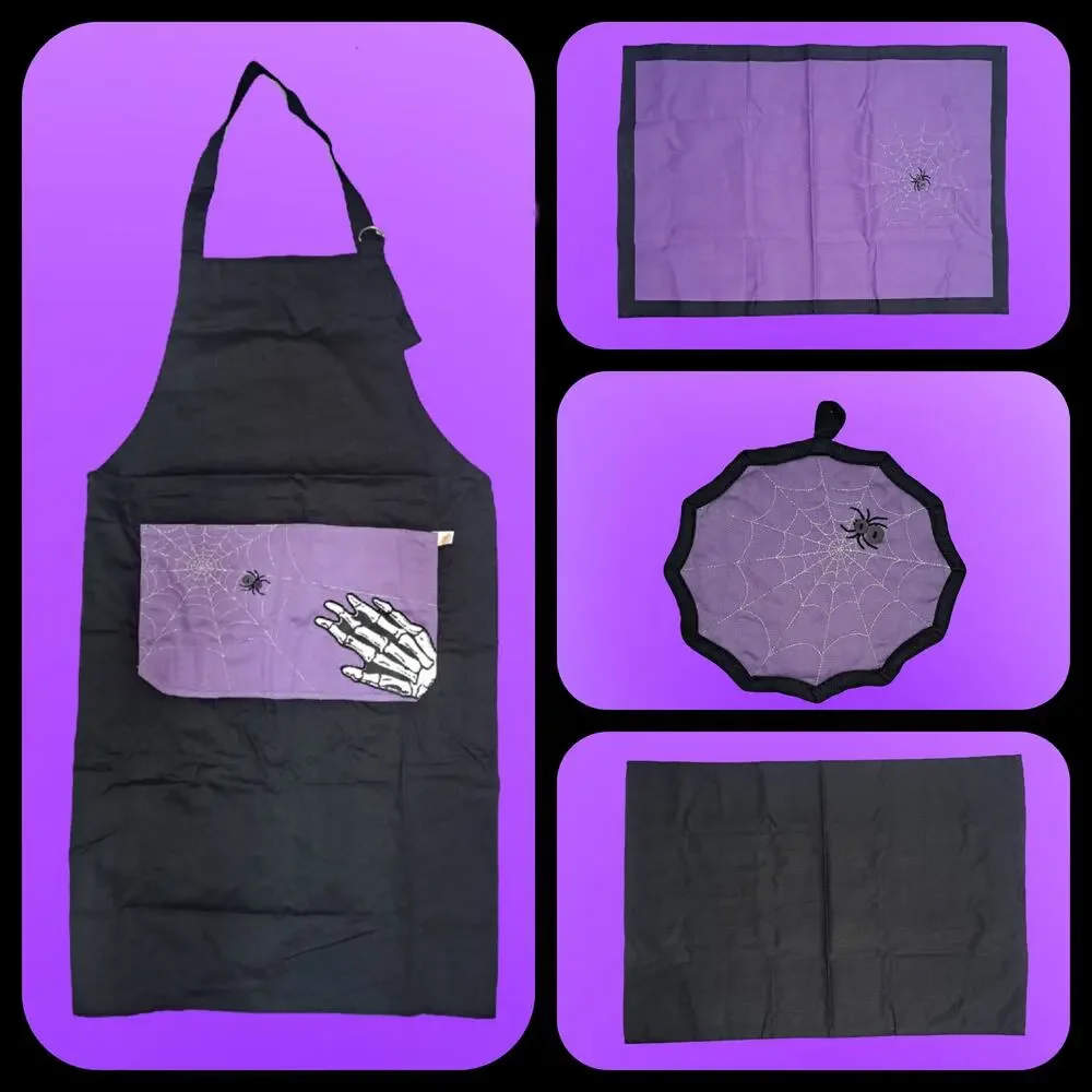 4 piece Spider Web Purple & Black Halloween Kitchen Apron & Pot Holder Set